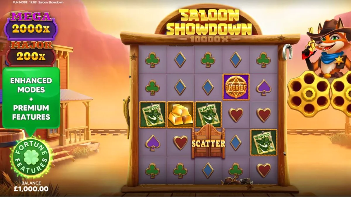 Tampilan visual slot Saloon Showdown 10,000x dengan tema Wild West